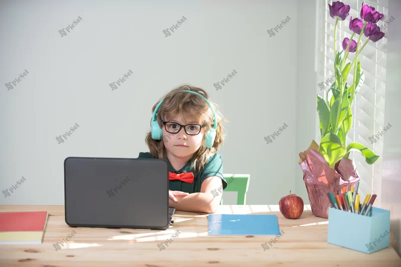 school pupil student kid studying online using laptop remote learning online pupil portrait / دانش آموز در حال مطالعه آنلاین با استفاده از آموزش از راه دور لپ تاپ پرتره دانش آموز با هدفون رنگی در اتاق کودک