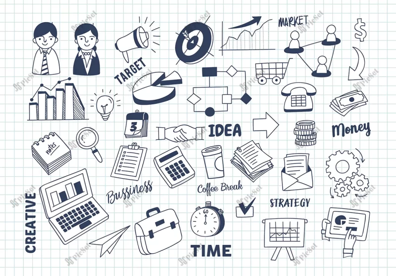 set business marketing doodle / مجموعه آیکن بازاریابی کسب و کار لپتاپ نمودار دارت هدف جذب مشتری