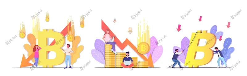 set business people frustrated about fallen price bitcoin collapse crypto currency falling down arrow financial crisis bankruptcy / ناامید شدن از سقوط قیمت بیت کوین سقوط ارز رمزنگاری شده نمودار فلش بحران مالی ورشکستگی