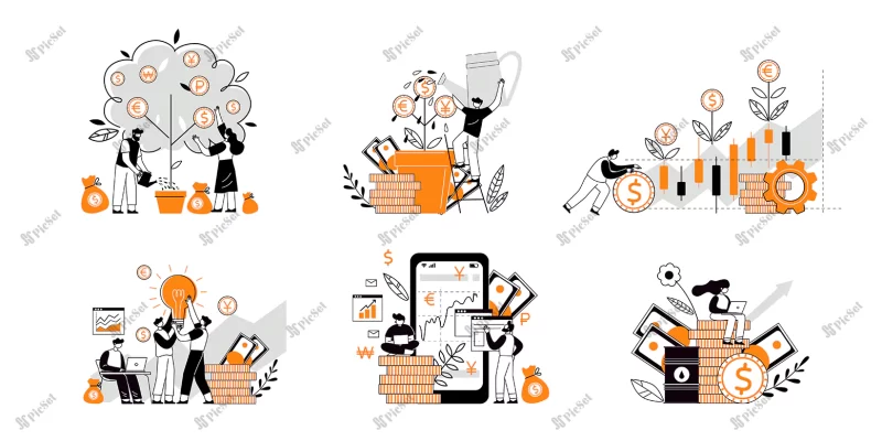 set concept investment income multiplying buying shares funds investor strategy financing concept characters analyze stock market with help investment broker / مجموعه مفهوم درآمد سرمایه گذاری ضرب خرید سهام سرمایه گذار استراتژی تامین مالی مفهوم تحلیل بازار سهام با کمک کارگزار سرمایه گذاری