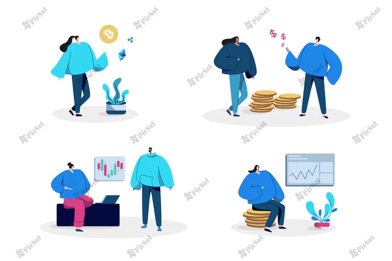 set people with graphs coins flat design / مجموعه افراد با نمودارهای سکه