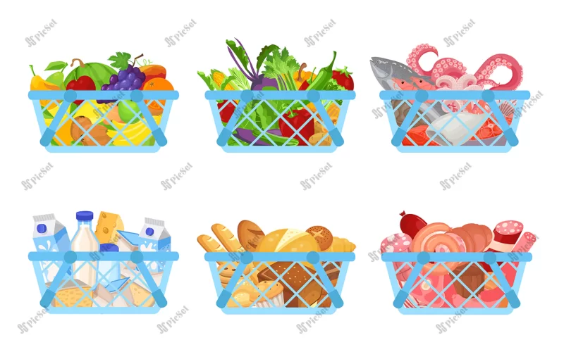 set shopping baskets full products as fruit vegetables seafood diary bakery products meat / مجموعه سبدهای خرید محصولات میوه سبزیجات غذای دریایی نان گوشت