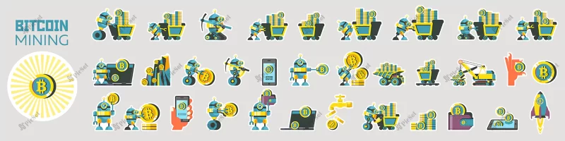 set stickers cryptocurrency bitcoin mining character is funny robot mining bitcoins / استخراج بیت کوین ارز رمزنگاری شده