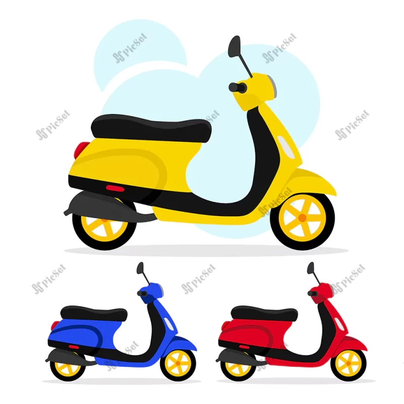 set three scooters different colors white background vector illustration concept / مجموعه اسکوتر موتور پیک برای تحویل بسته کالا