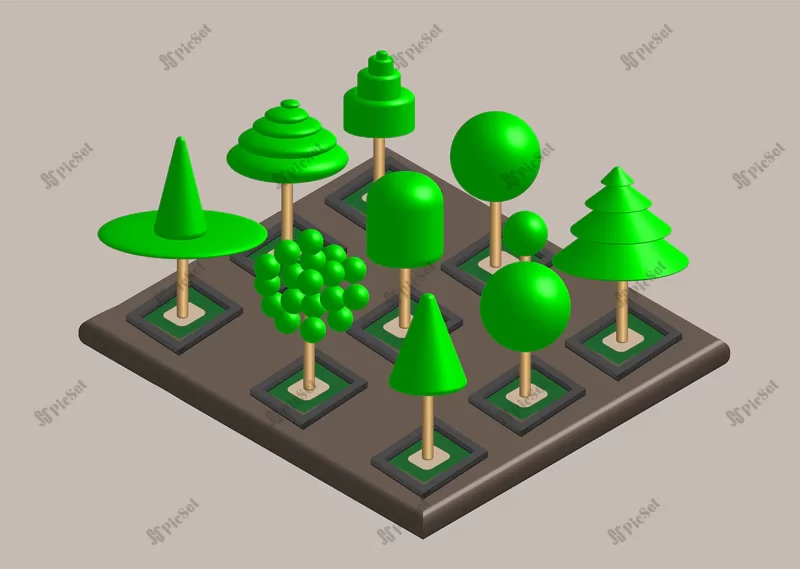 set tree isometric designs with various shapes realistic 3d vector illustration / ایزومتریک درخت با اشکال مختلف سه بعدی