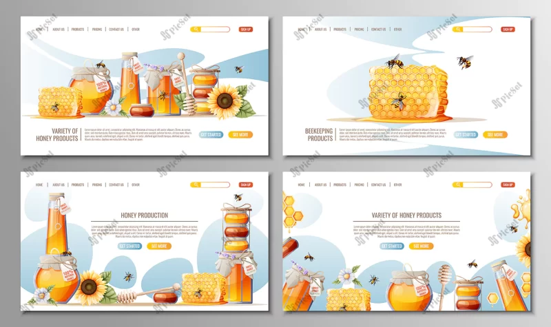 set web pages honey store honey products honey jar wooden spoon bees flowers / مجموعه صفحات وب فروشگاه محصولات عسل قاشق چوبی گل زنبور عسل