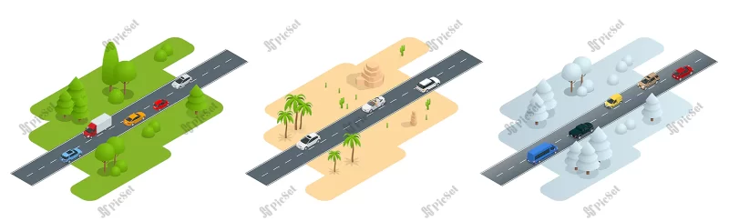 seth consisting three isometric pictures road summer road desert road winter used workflow layout game diagram number options web design infographics / ایزومتریک جاده تابستان جاده کویر جاده زمستان