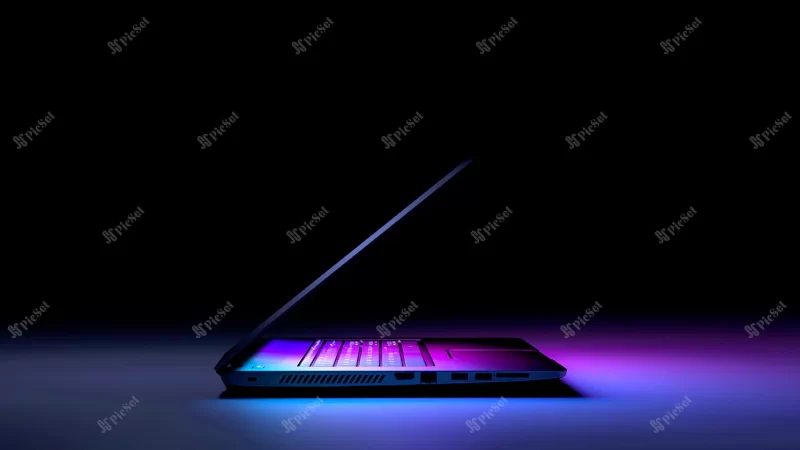 side view laptop pc with color light dark technology gaming concept / کامپیوتر لپ تاپ نمای جانبی با مفهوم بازی با فناوری رنگی تیره روشن