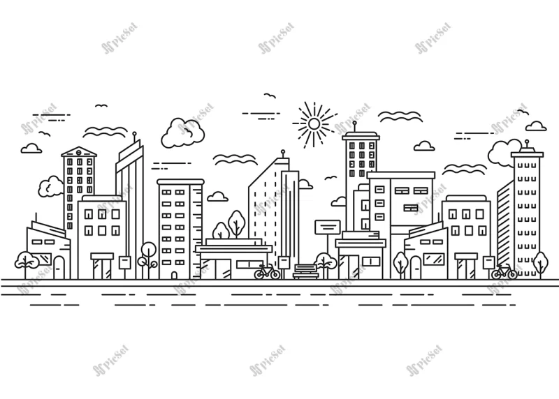 simple view city illustration thin line style / نمای شهری به سبک خط نازک، ساختمان خیابان