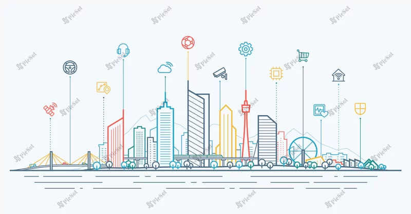 smart city connection concept futuristic tech landscape whith integrated thin line icons outline future city panorama abstract vector town urban skyline with skyscrapers office home buildings / مفهوم شهر هوشمند منظره فناوری آینده نگر با سبک خط نازک شهر با آسمان خراش ها ساختمان های اداری برج