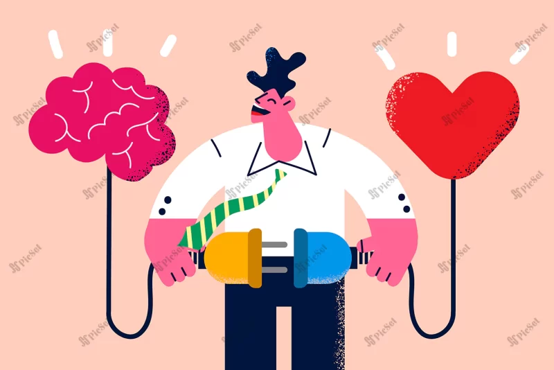 smiling man connect wire find balance heart brain happy male make decision consider emotion wisdom rational reasonable emotional choice vector illustration / مرد خندان سیم اتصال تعادل قلب مغز احساسات منطق