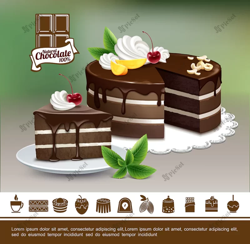 tasty desserts colorful concept with realistic chocolate cakes with nuts cream cherry mango slices chocolate sweet products icons / دسرهای خوشمزه کیک شکلاتی واقعی با آجیل خامه انبه گیلاس