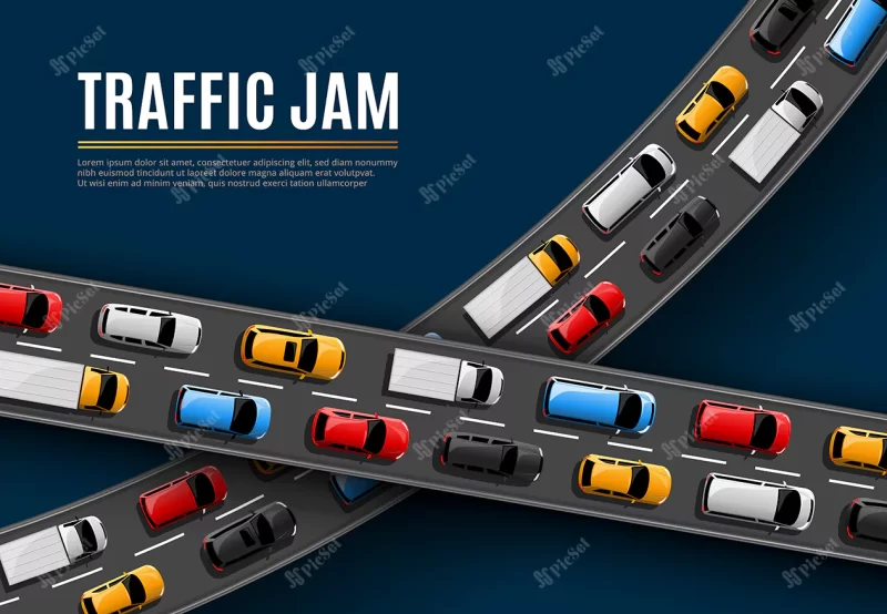 traffic jam poster with cars driving road top view / پوستر ترافیک با نمای بالای جاده در حال رانندگی خودروها