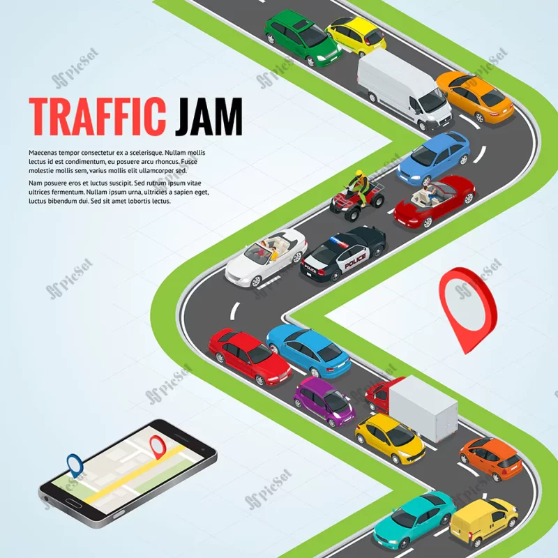 traffic jam road way location mobile gps navigation flat isometric high quality city transport car urban public freight transport infographics / ترافیک راه محل سکونت، راهیابی جی پی اس موبایل ایزومتریک، حمل و نقل و ترافیک شهری ماشین