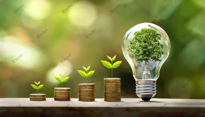 tree growing coins light bulb concept saving money with energy / رشد سکه رشد گیاه مفهوم صرفه جویی در انرژی سرمایه گذاری سود آور