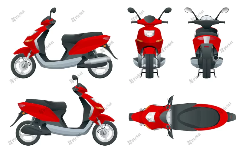 trendy electric scooter isolated white background isolated electric scooter template branding advertising front rear side top back / اسکوتر برقی، موتورسیکلت از نمای جلو عقب رو به رو بالا