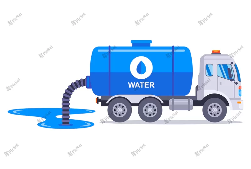 truck downloads water from river from hose into its barrel flat vector illustration / کامیون حمل بشکه آب