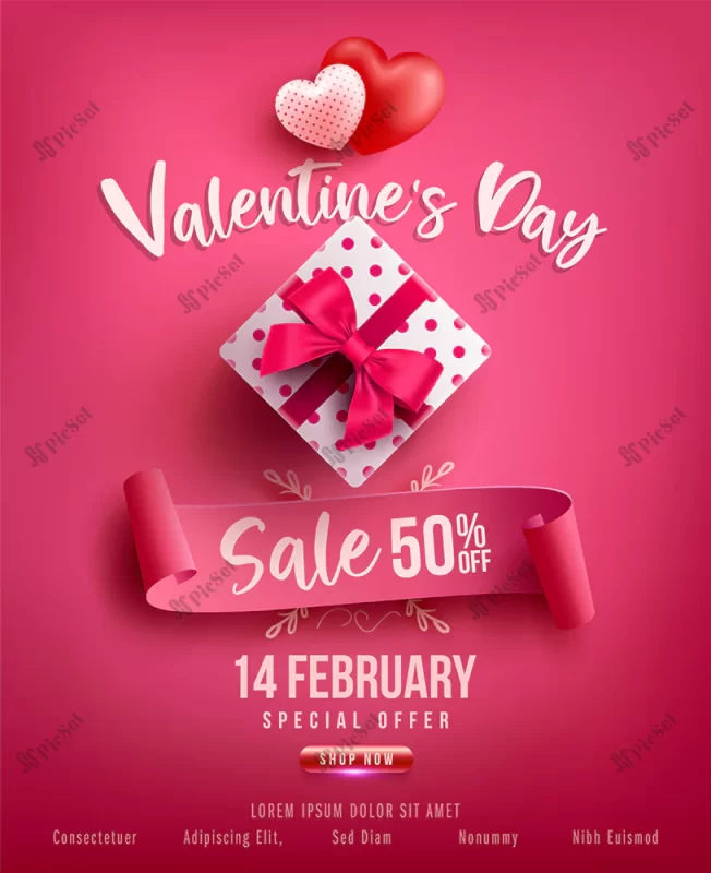 valentine s day sale poster banner with sweet gift sweet heart lovely items pink promotion shopping template love valentine s day / بنر تخفیف پوستر فروش تبلیغاتی روز ولنتاین با هدیه و بادکنک قلبی