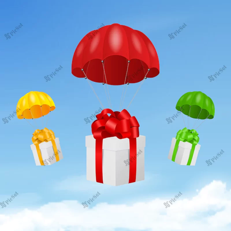 vector 3d realistic red flying parachutes with paper gift boxes blue sky background design template delivery services post ecommerce web banner mockup celebration gifts congratulations / چترهای قرمز سه بعدی با جعبه های کاغذی هدیه و پس زمینه آسمان آبی، خدمات تحویل تجارت الکترونیک مفهوم جشن و تبریک