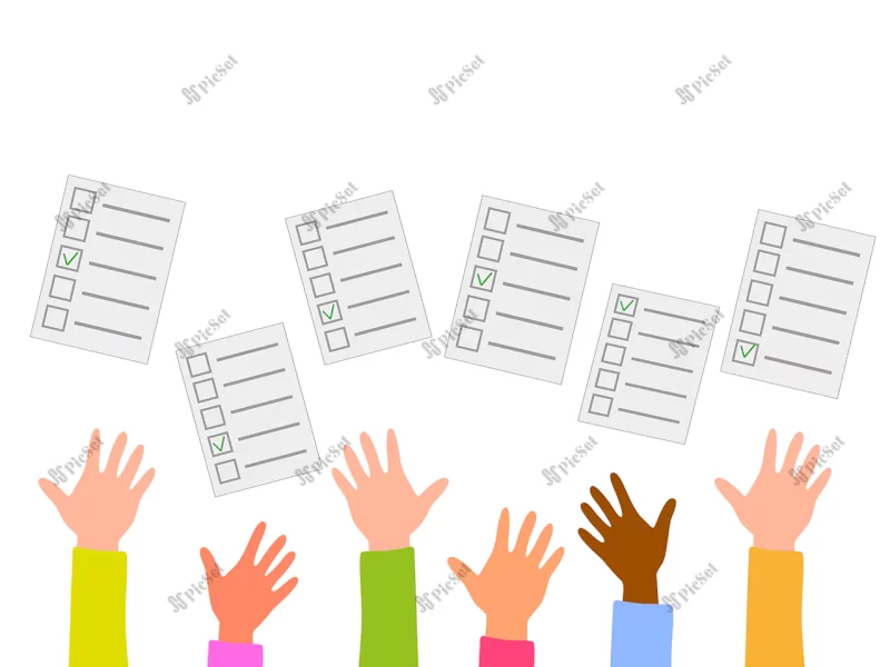 voiting concept hands with ballots raised up vector illustration / دست مردم به سمت بالا مفهوم رای گیری