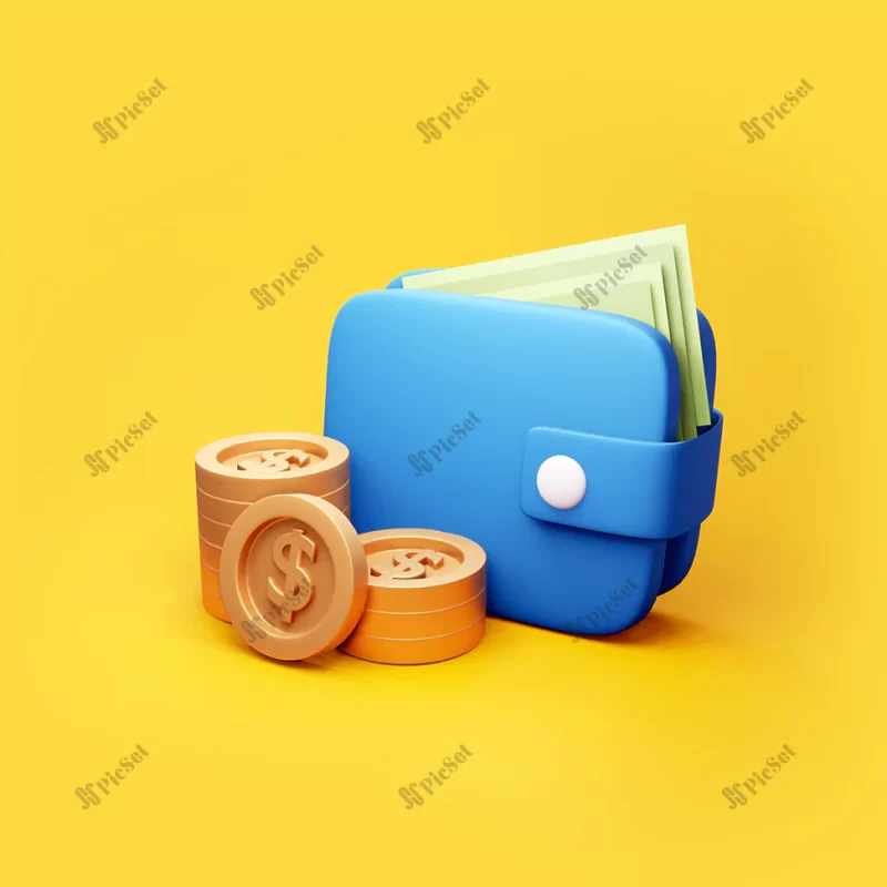 wallet with coins 3d illustration / کیف پول با سکه دلار سه بعدی