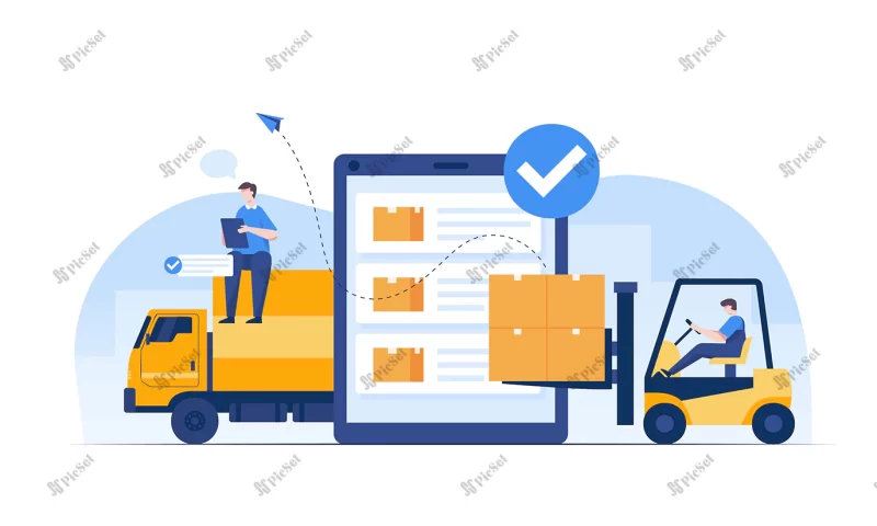 warehouse staff wearing uniform loading parcel box checking product from warehouse delivery logistic storage truck transportation industry delivery logistic business delivery / کارکنان انبار بارگیری بسته در حال چک کردن محصول و تحویل از انبار به کامیون ذخیره سازی لجستیک حمل و نقل صنعتی