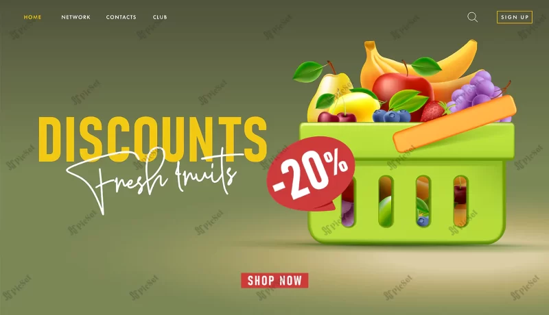 web banner supermarket landing page with 3d illustration shopping basket full fruits / بنر وب صفحه فرود لندینگ پیج سبد خرید میوه سوپر مارکت سه بعدی