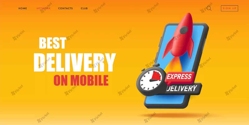 web banner with 3d illustration smartphone with rocket stopwatch delivery / بنر وب سایت با گوشی هوشمند سه بعدی و تحویل سریع موشکی با کرونومتر