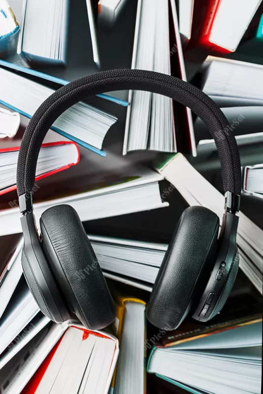 wireless overhead black headphones lie books concept learning through audiobook listen book / هدفون مشکی روی کتاب مفهوم یادگیری از طریق کتاب صوتی