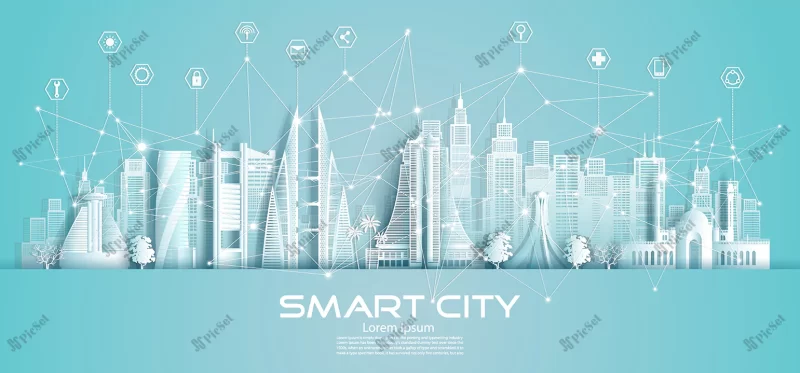 wireless technology network communication smart city icon bahrain / نماد شهر هوشمند ارتباطات شبکه فناوری، ساختمان های بلند و برج