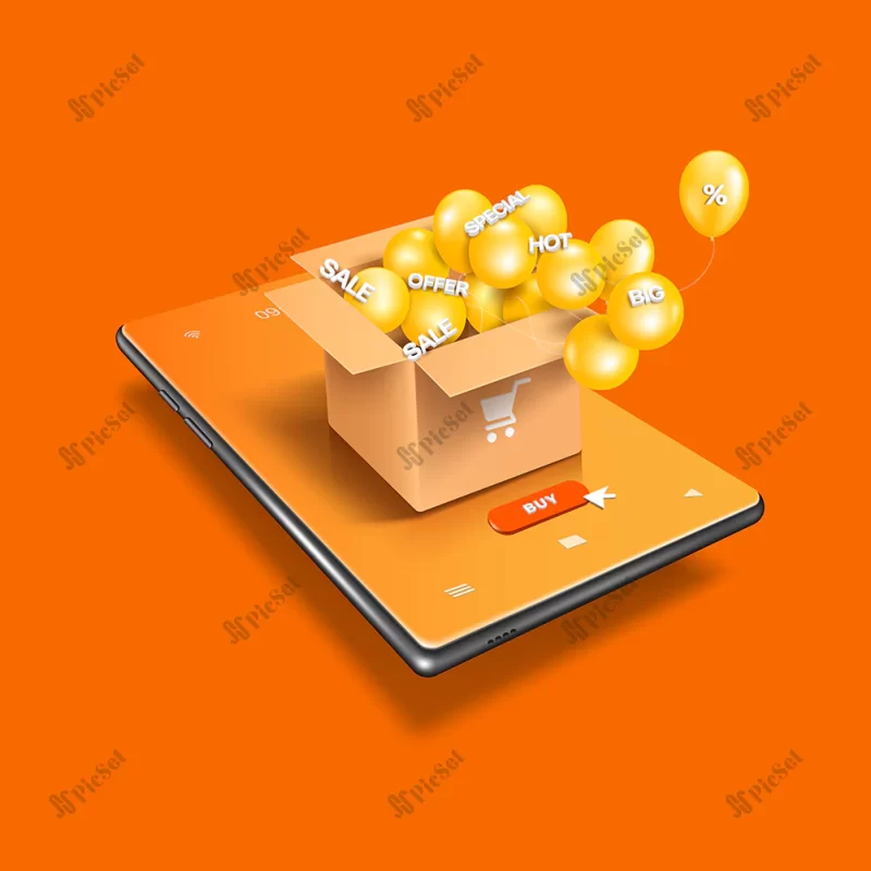 yellow balloons with various promotional text overflowed floated out parcel box it s all smartphone screen with buy icon screen vector 3d virtual online shopping / بادکنک‌های زرد با متن‌های تبلیغاتی و تخفیف درصدی در گوشی‌ هوشمند صفحه تبلیغاتی خرید آنلاین سه بعدی