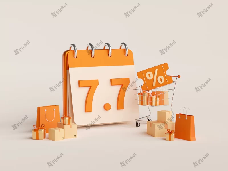 3d illustration promotion deal 77 with discount price shopping / معامله تبلیغاتی سه بعدی با خرید و تخفیف، فروش محصول با درصد تخفیف