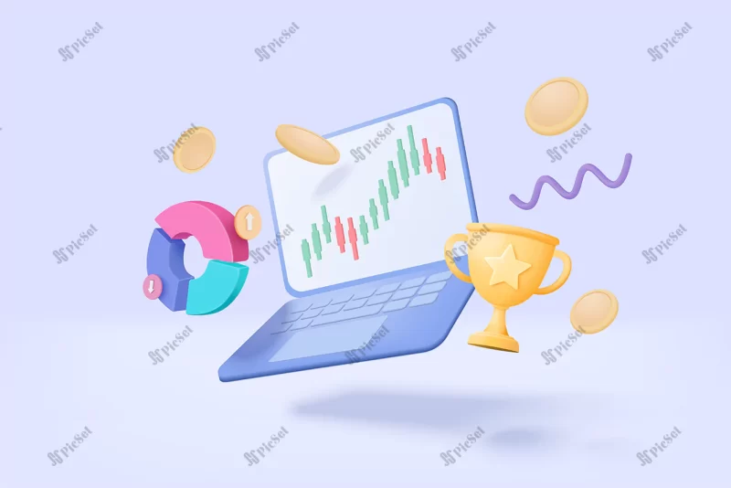3d online trading with laptop blue background notebook using funding business graph computer with money coin gold cup concept 3d vector trading business investment render illustration / تجارت آنلاین سه بعدی با لپ تاپ، کسب و کار مالی، کاپ طلا سکه پول سرمایه گذاری سه بعدی