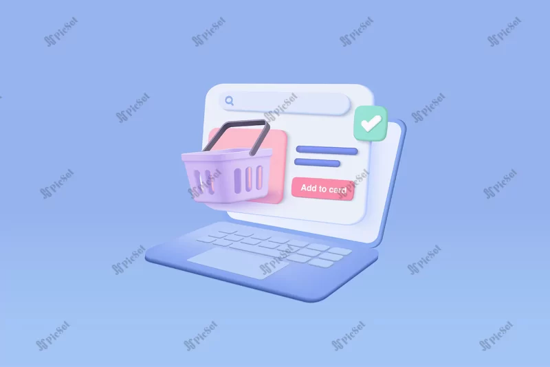 3d shopping online with laptop product shipping packing shopping bag basket payment protection with password secure online payment concept notebook icon 3d vector render illustration / خرید آنلاین با لپ تاپ سه بعدی بسته بندی محصول محافظت از سبد پرداخت با رمز عبور ایمن مفهوم پرداخت آنلاین