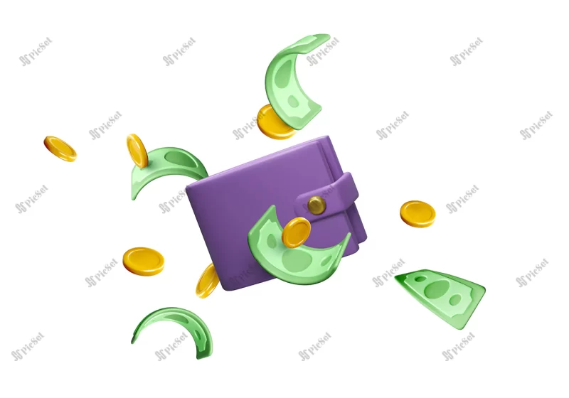 3d wallet with money it realistic dollar cartoon style exchange income success savings vector illustration / وکتور پس انداز موفقیت آمیز، کیف پول سه بعدی با پول اسکناس و سکه دلاری