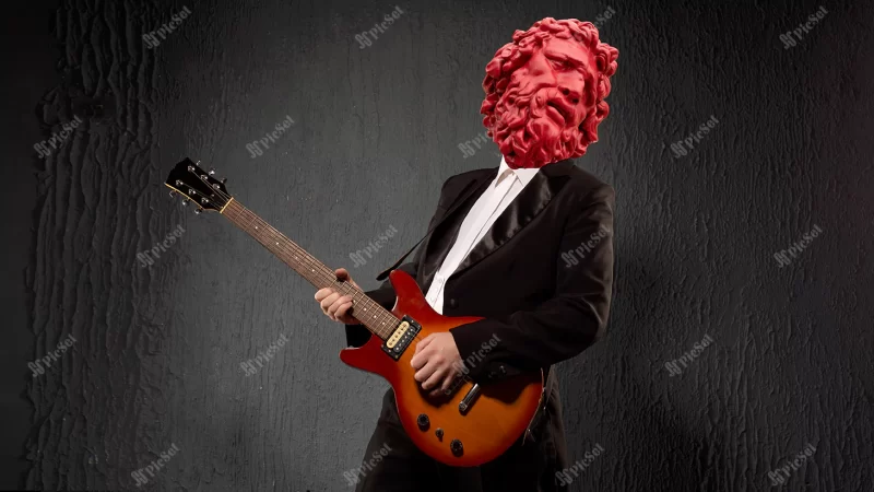 abstract modern collage guitar player man with plaster head david black tailcoat emotionally plays music / کلاژ نوازنده گیتار مرد با سر گچی موسیقی می نوازد