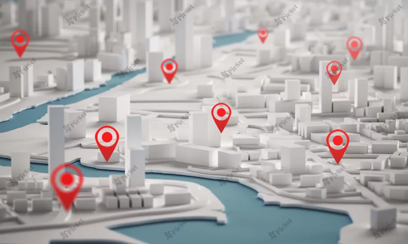 aerial view city buildings 3d rendering with red point map / نمای هوایی ساختمان های شهر سه بعدی با نقشه پین لوکیشن