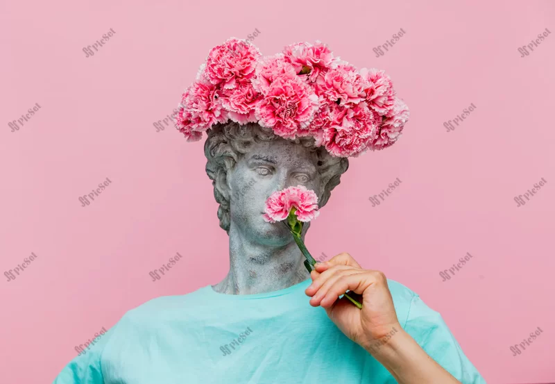 antique bust male with carnations bouquet hat / کلاژ نیم تنه عتیقه مرد با کلاه دسته گل میخک