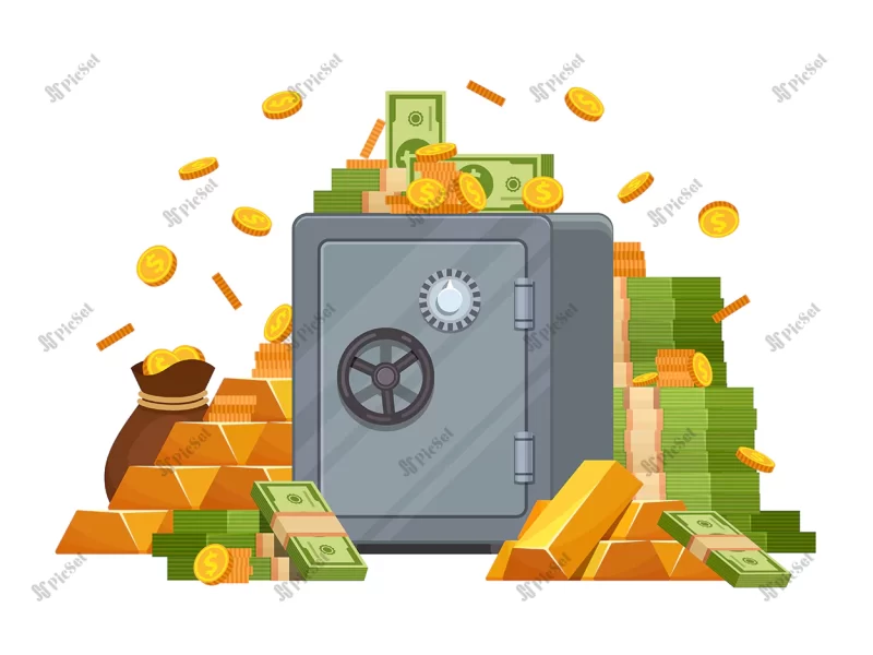 bank safe with dollar bills golden coins bars money safety deposit box with lock finance savings cash protection vector concept illustration finance investment box save / صندوق امانات بانکی با اسکناس دلار سکه های طلایی شمش گاو صندوق با قفل پس انداز مالی پس انداز پول نقد مفهوم صندوق سرمایه گذاری مالی ذخیره پول