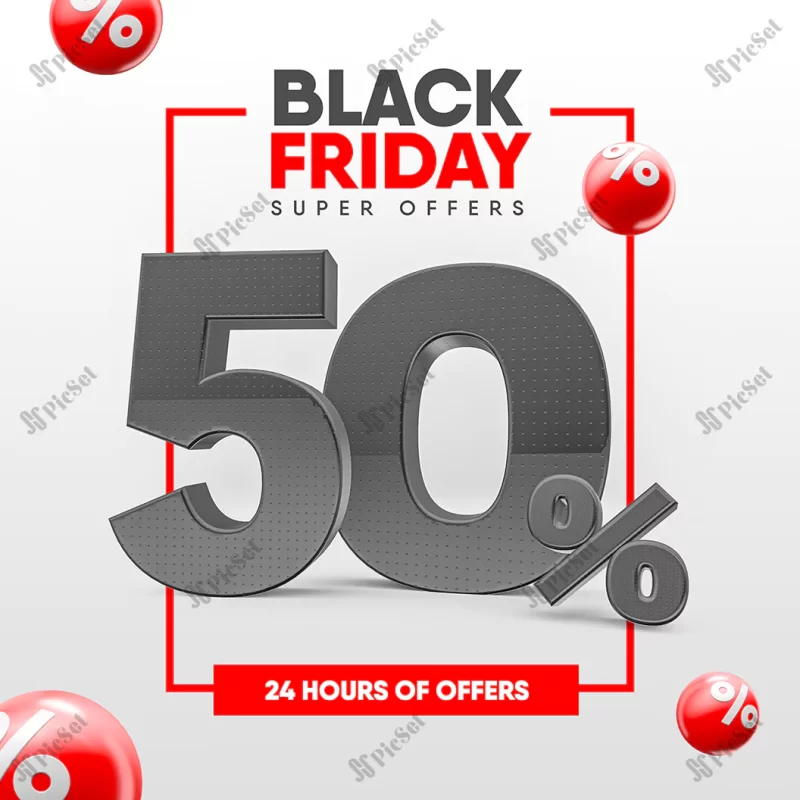 banner social media black friday 3d render with icons percentage 50 off / بنر رسانه های اجتماعی، جمعه سیاه با آیکون 50 درصد تخفیف سه بعدی