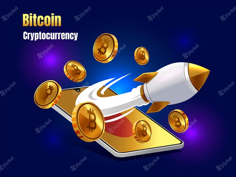 bitcoin cryptocurrency with rocket booster smartphone / ارز دیجیتال بیت کوین با گوشی هوشمند موبایل تقویت کننده موشک