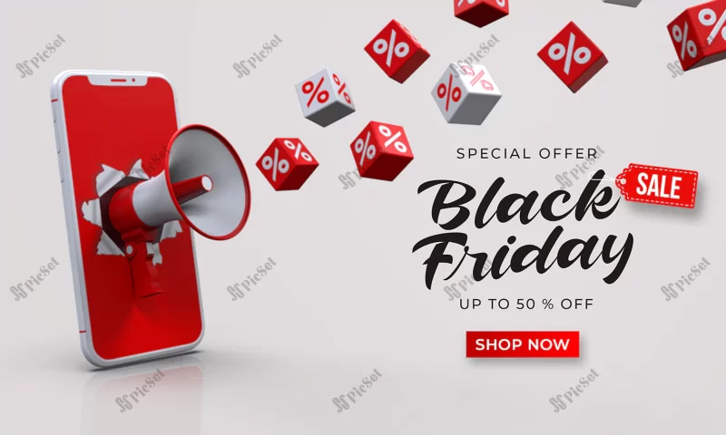 black friday sale banner template with 3d megaphone out smartphone cubes with percent / قالب بنر فروش جمعه سیاه با بلندگوی سه بعدی و مکعب ها با درصد تخفیف از موبایل