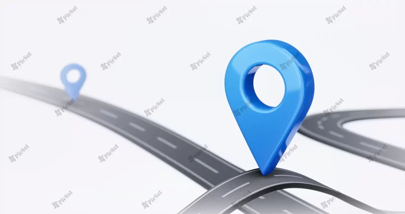 blue location 3d icon traffic street route map symbol navigation gps pin point marker global position system destination address sign isolated white background with asphalt road pointer / مکان با نماد آبی سه بعدی ترافیک نقشه مسیر خیابان اتوبان نقطه پین نشانگر موقعیت جهانی سیستم نشانی آدرس مقصد لوکیشن جاده آسفالت