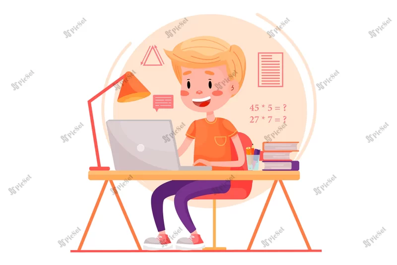 boy is studying online with laptop by table home flat illustration websites white isolated background quarantine stay home pandemic / پسر در حال مطالعه آنلاین با لپ‌تاپ با میز وب‌ سایت‌ کار در خانه فریلنسر