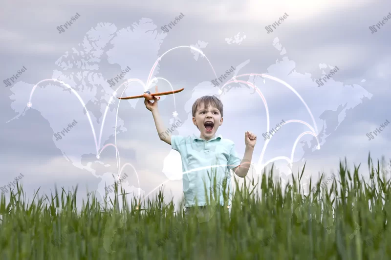 boy launches toy plane dreams flying distant countries / پسری هواپیمای اسباب‌ بازی را راه‌ اندازی می‌کند، رویای پرواز