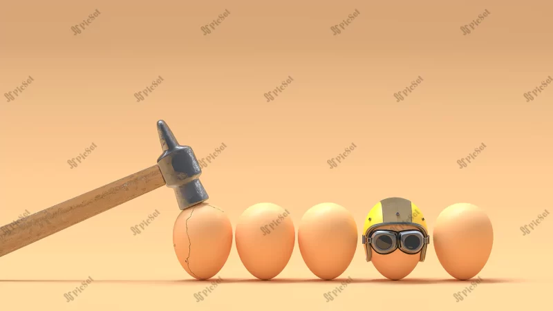 broken eggs because they wear helmets / تخم مرغ با کلاه ایمنی مفهوم ایمنی از شکستن تخم مرغ با چکش