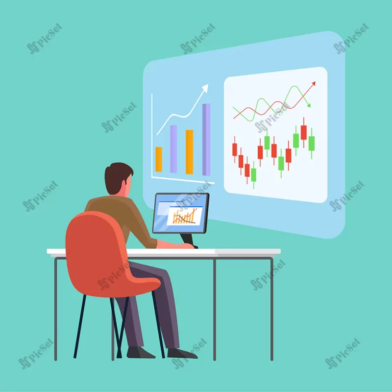 broker is presenting about stock market chart by online with laptop colored flat vector illustration / کارگزار در حال ارائه نمودار بازار سهام به صورت آنلاین با لپ تاپ