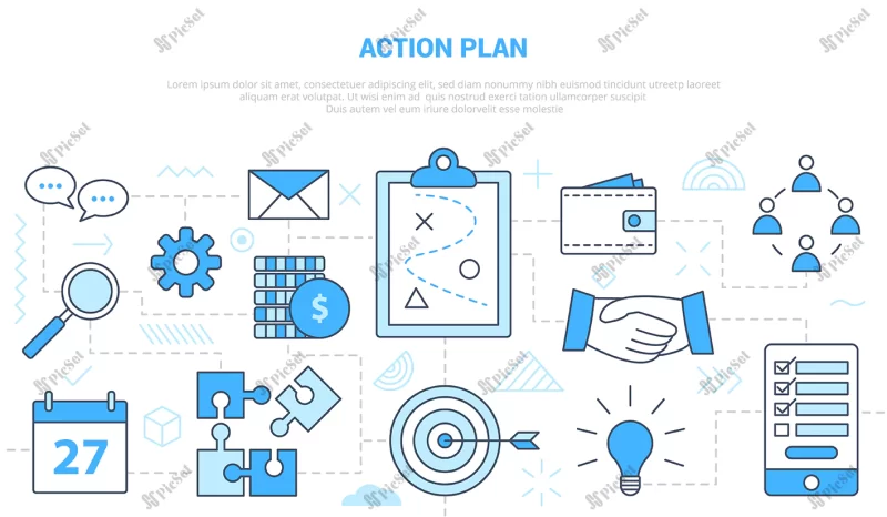 business action plan concept with icon set template banner with modern blue color style illustration / آیکن اقدام کسب و کار تجاری