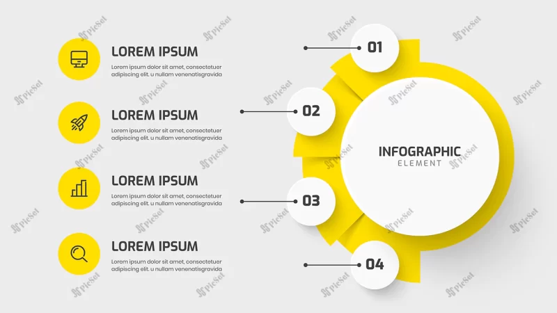 business central circle infographic presentation with yellow color 4 circles number icon / ارائه اینفوگرافیک دایره مرکزی کسب و کار