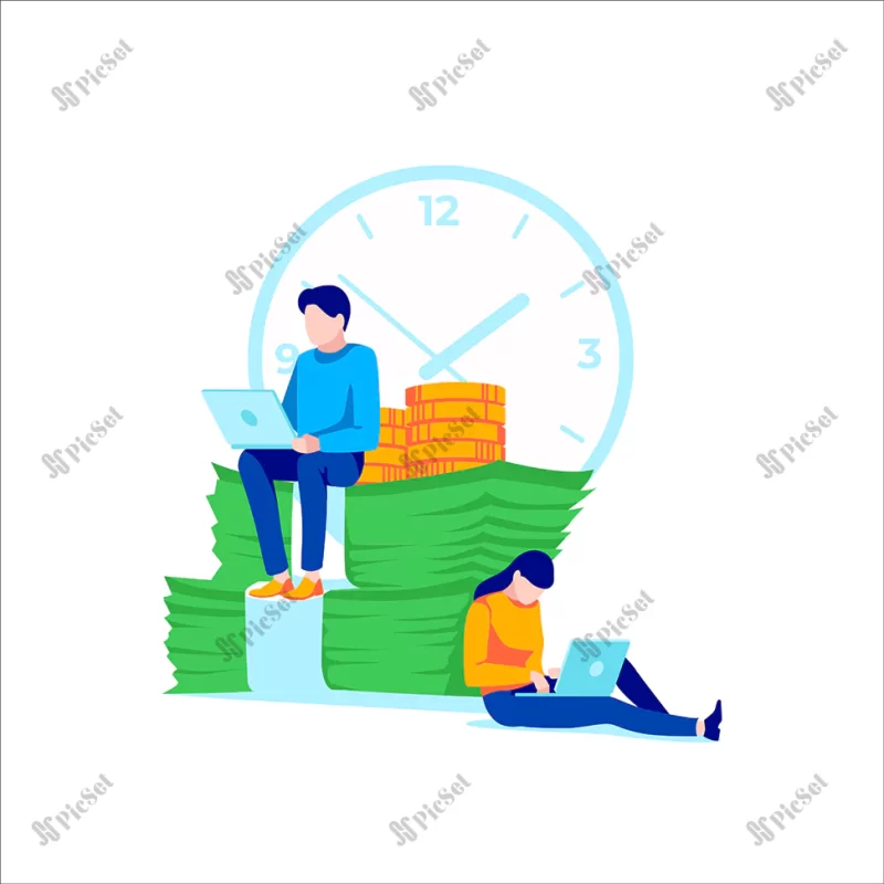 business people sitting working laptop effective productive teamwork collective work business concept achievement goal development inspiration motivation flat vector illustration / افراد تجاری با لپ تاپ کار می کنند کار تیمی مفهوم کسب و کار دستیابی به هدف توسعه انگیزه الهام بخش پوب اسکناس ساعت و رسیدن به هدف